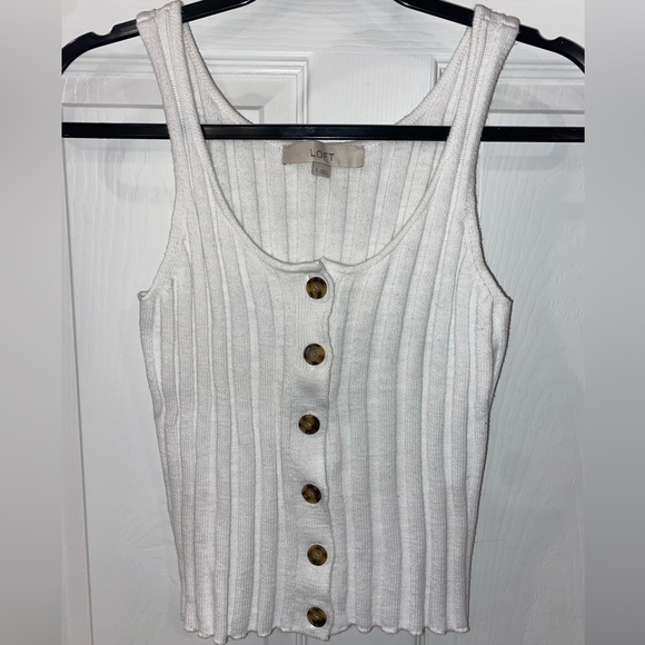 LOFT Ivory Ribbed Button-Front Tank Top - Picture 1 of 4